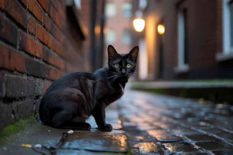 Chat noir assis dans une ruelle pavée, éclairée par des lampadaires la nuit