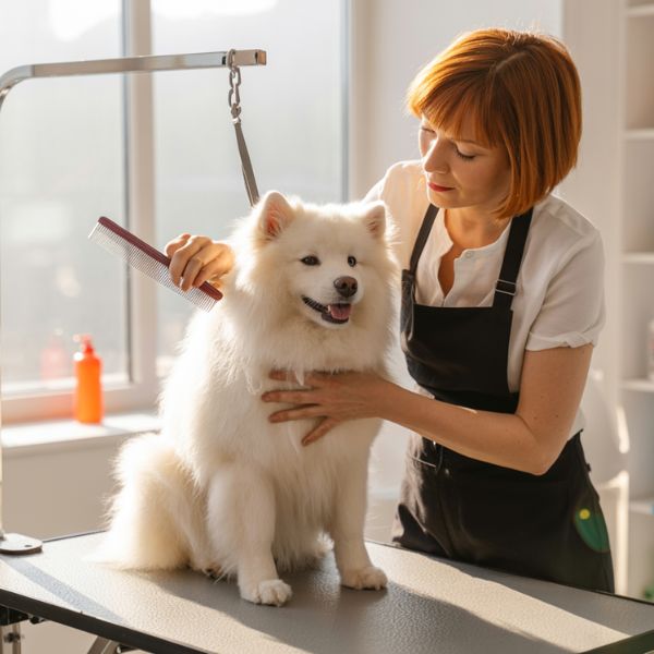 Une toiletteuse souriante brosse un grand chien blanc dans un salon de toilettage lumineux