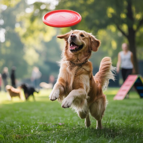 Chien jouant au frisbee dans un parc, illustrant des activités de plein air pour chien et la joie du jeu partagé avec son maître.