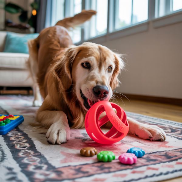 Chien jouant à la maison avec des jouets colorés, illustrant des activités d’intérieur pour chien et la stimulation mentale au quotidien.
