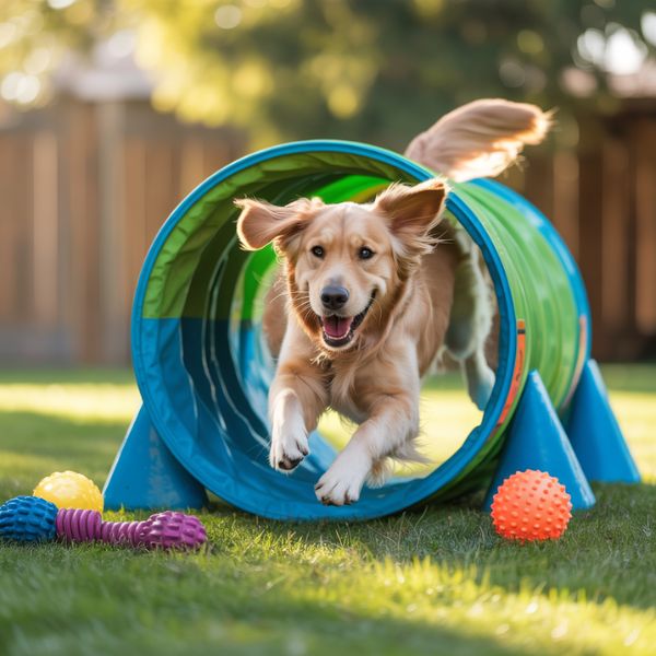 Chien courant dans un tunnel d’agilité dans le jardin, illustrant les activités extérieures et les jeux sportifs pour chien.