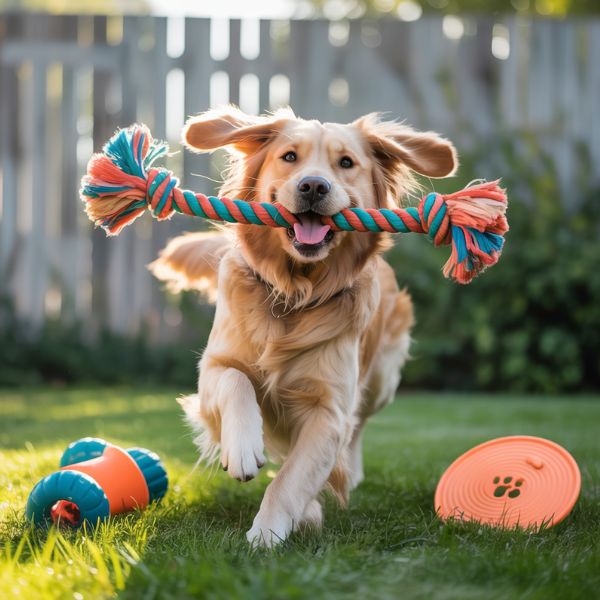 Chien courant dans le jardin avec un jouet coloré dans la gueule, illustrant les activités dynamiques et les jeux extérieurs pour chien.