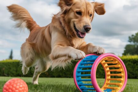 Chien heureux courant sur l’herbe avec des jouets colorés, illustrant des activités ludiques et sportives pour chien.