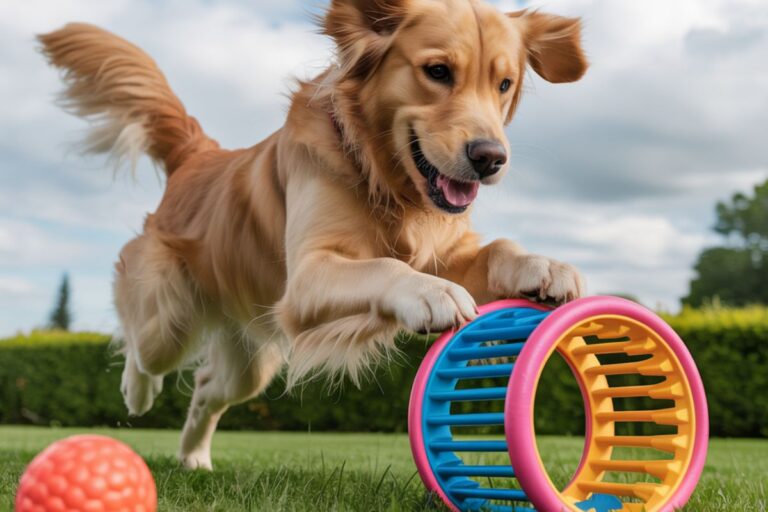 Chien heureux courant sur l’herbe avec des jouets colorés, illustrant des activités ludiques et sportives pour chien.