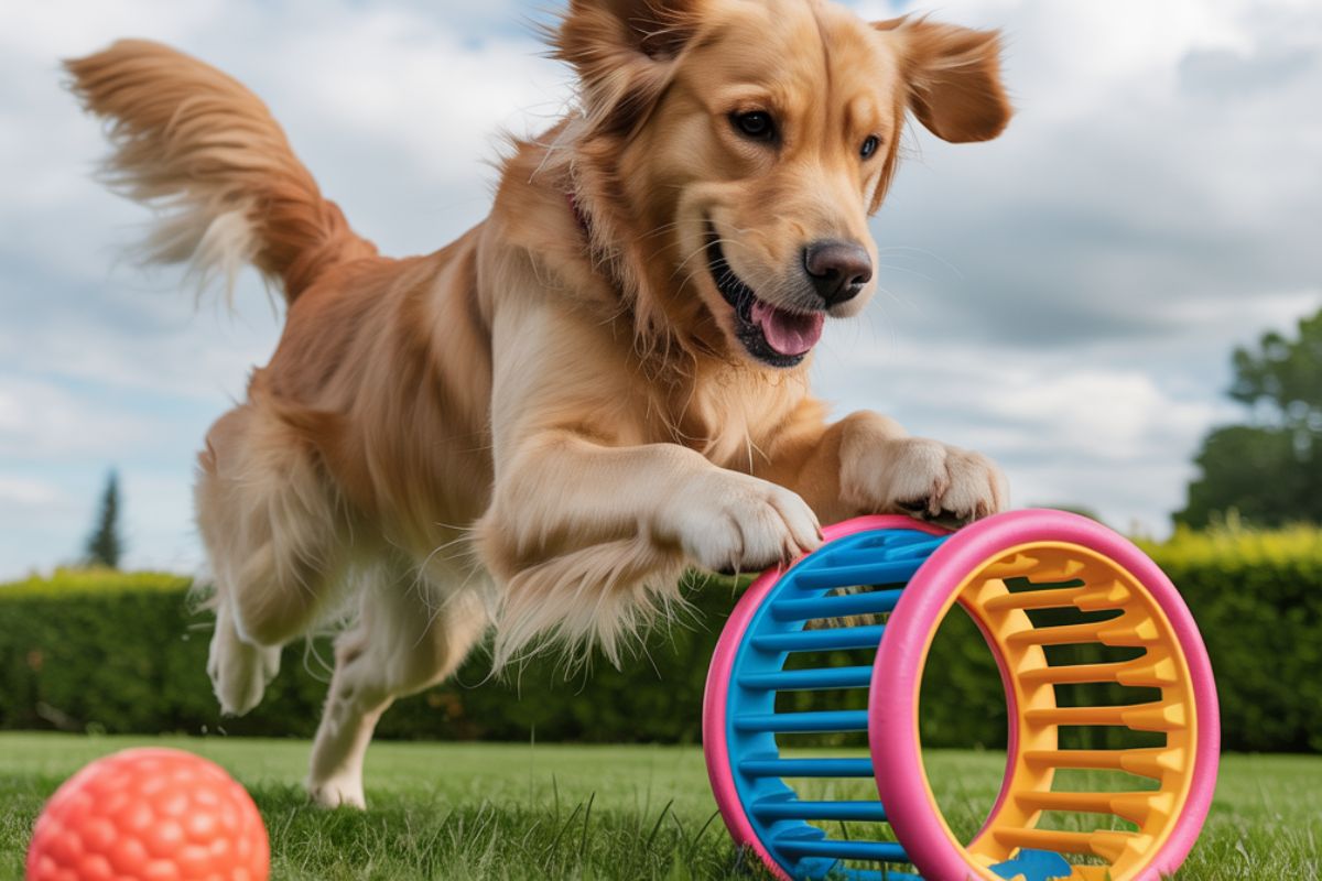 Chien heureux courant sur l’herbe avec des jouets colorés, illustrant des activités ludiques et sportives pour chien.