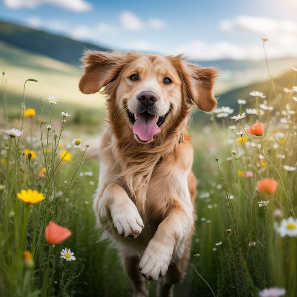 Chien courant joyeusement dans un champ de fleurs, illustrant les activités de plein air et la liberté du jeu pour chien.