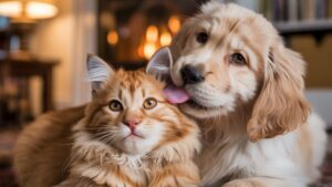 Un chien et un chat assis côte à côte, semblant heureux et complices, illustrant l’adoption d’animaux de compagnie.
