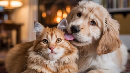 Un chien et un chat assis côte à côte, semblant heureux et complices, illustrant l’adoption d’animaux de compagnie.