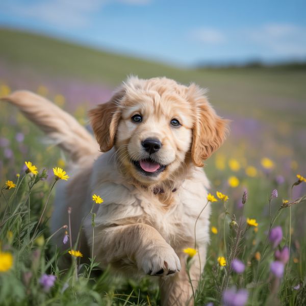 Un chiot blond court joyeusement dans un champ fleuri sous un ciel bleu.