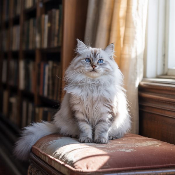 Un chat à poil long, assis sur un coussin près d’une fenêtre, regarde paisiblement à l’extérieur.