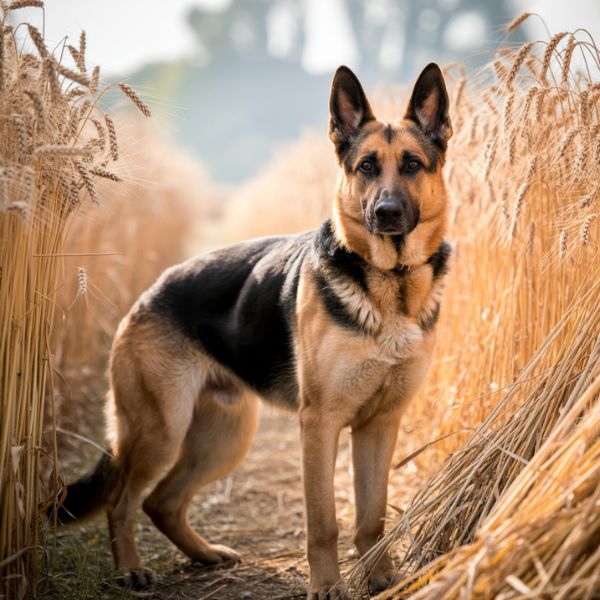 Un berger allemand debout dans un champ doré, attentif et majestueux sous la lumière du soleil.