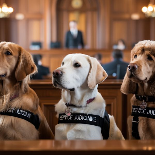 Trois chiens d’assistance judiciaire assis côte à côte dans une salle d’audience, portant chacun un harnais noir marqué « Justice Académie ». Ces chiens calmes et attentifs illustrent le rôle des animaux formés pour accompagner les victimes dans les procédures judiciaires.