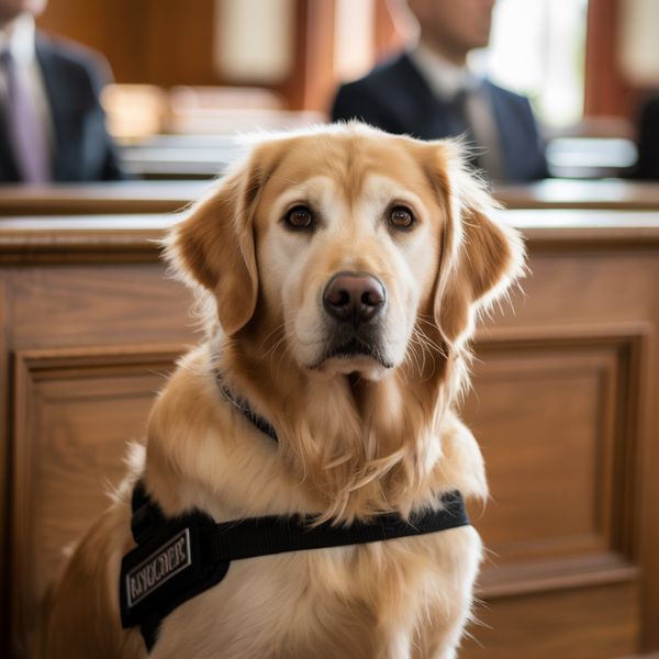 Chien d’assistance judiciaire de type golden retriever assis dans une salle d’audition, portant un harnais noir. L’animal regarde calmement l’objectif, illustrant le rôle des chiens formés pour accompagner les victimes lors des procédures judiciaires.
