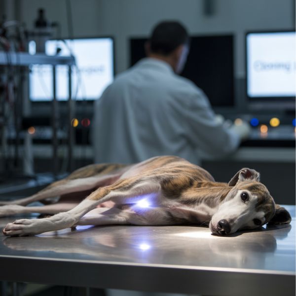 Un chien allongé sur une table de laboratoire, observé par un scientifique, illustrant les recherches sur le clonage animal et les dilemmes éthiques qu’elles suscitent.