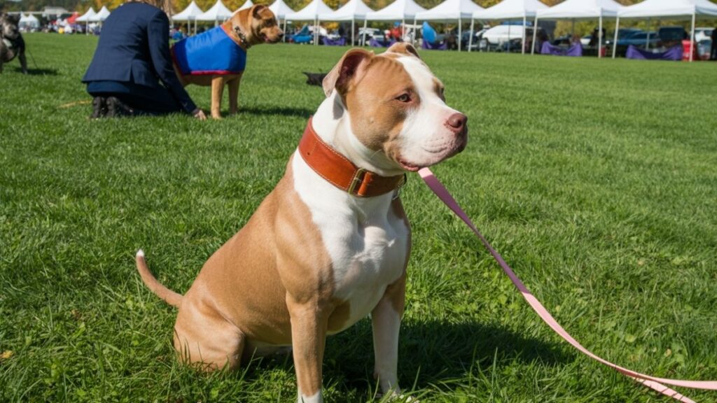 Image illustrative d’un chien en harnais assis sur l’herbe avant une course de canicross à la Citadelle d’Arras.