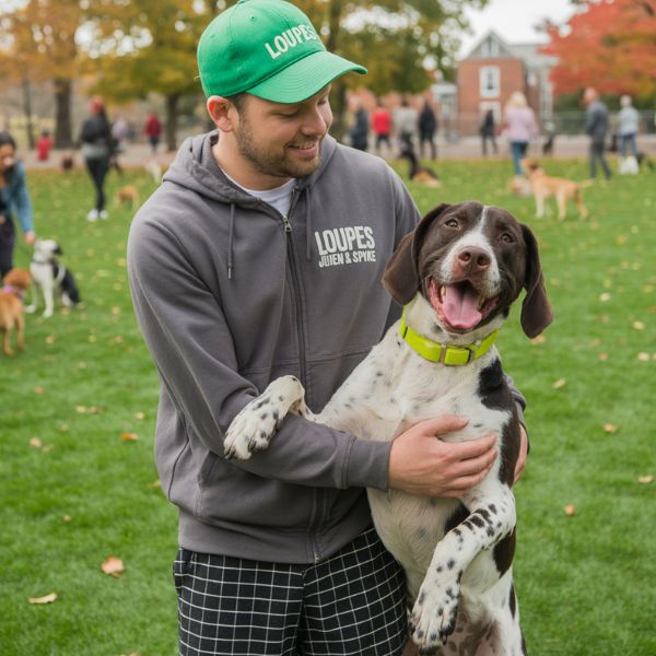 Image illustrative d’un coureur tenant son chien après une course de canicross à la Citadelle d’Arras.