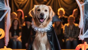 Déguiser son chien pour Halloween : quand la mignonnerie vire à la maltraitance silencieuse Chien déguisé pour Halloween avec un costume noir et argenté, photo illustrative sur la tendance des costumes pour animaux.