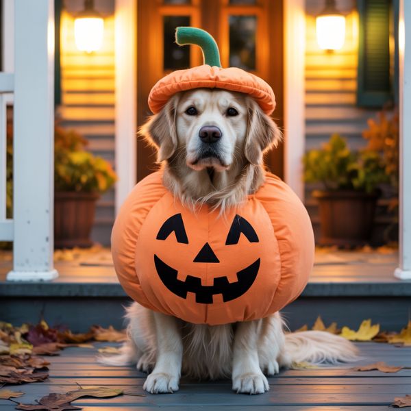 Déguiser son chien pour Halloween : quand la mignonnerie vire à la maltraitance silencieuse 2 Chien portant un costume de citrouille pour Halloween, photo illustrative sur la tendance des déguisements pour animaux.
