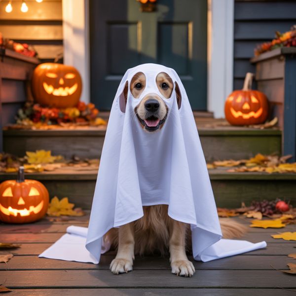 Déguiser son chien pour Halloween : quand la mignonnerie vire à la maltraitance silencieuse 3 Chien déguisé en fantôme pour Halloween, photo illustrative sur la tendance des déguisements pour chiens.