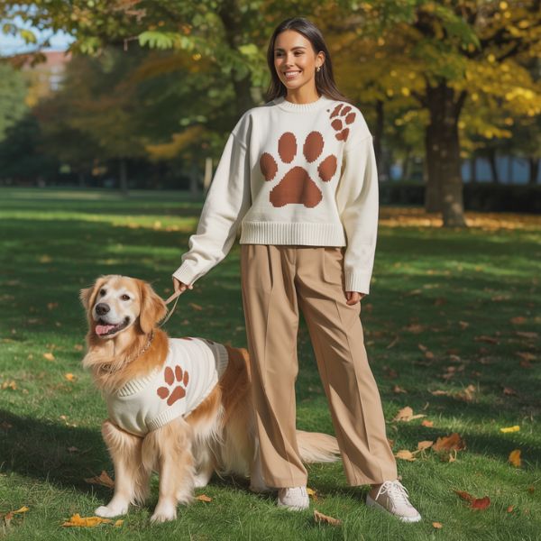 Personne portant un pull assorti à son chien dans un parc d’automne, illustrant la tendance “être habillé comme son chien”.