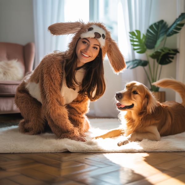 Femme déguisée comme son chien à la maison, illustrant la tendance “être habillé comme son chien”.