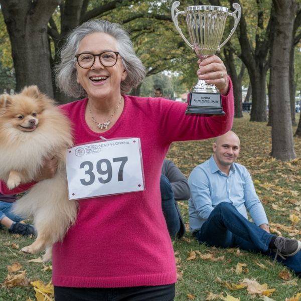 Exposante souriante tenant son chien primé et un trophée lors d’une exposition canine nationale à Langon, en Gironde.