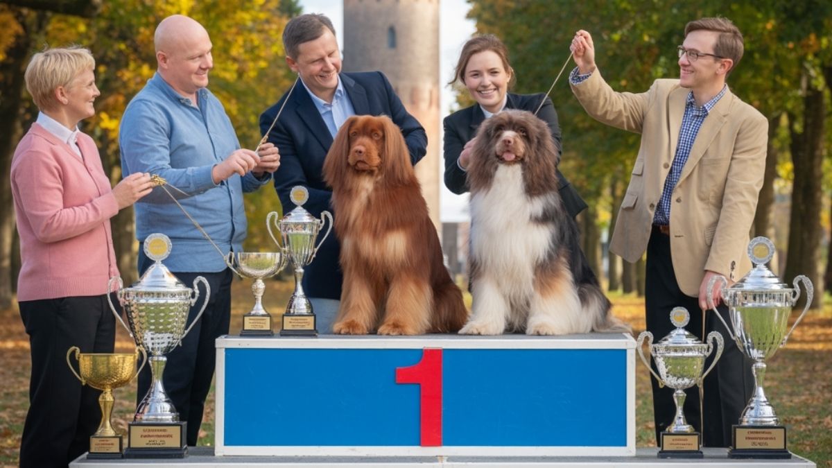Podium d’une exposition canine nationale en France, illustrant les plus beaux chiens de race présentés lors d’un concours cynophile.