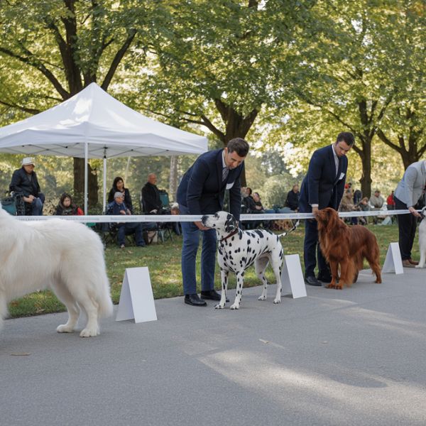 Exposition canine en plein air à Langon, chiens de race présentés sous les arbres du Parc des Vergers devant le public et les juges.