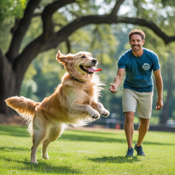 Homme courant avec son chien qui saute pour attraper une balle, moment de jeu et de dépense d’énergie.