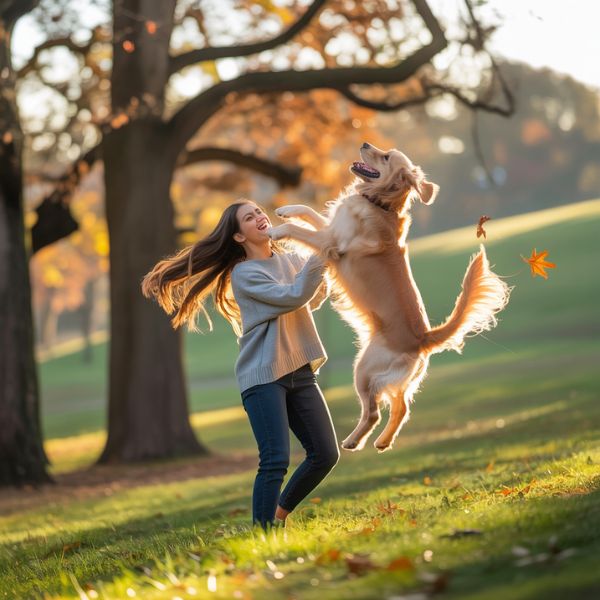 Femme jouant avec son chien dans un parc au coucher du soleil, moment de complicité et de dépense d’énergie.