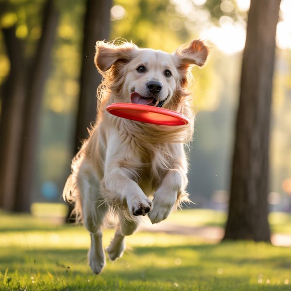 Chien courant dans un parc avec un frisbee dans la gueule, heureux et plein d’énergie.