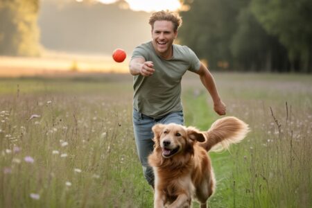 Un homme joue à la balle avec son chien dans un champ, moment de complicité et de dépense d’énergie.