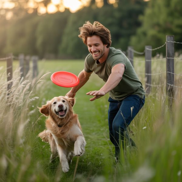 Femme jouant à lancer un jouet à son chien dans un champ, moment de complicité et de dépense d’énergie.
