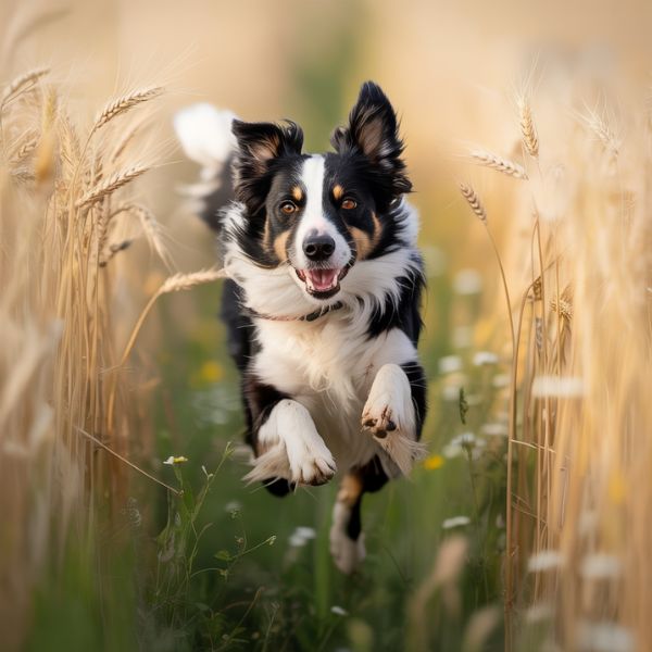 Chien de berger courant dans un champ, plein d’énergie et concentré pendant le jeu.