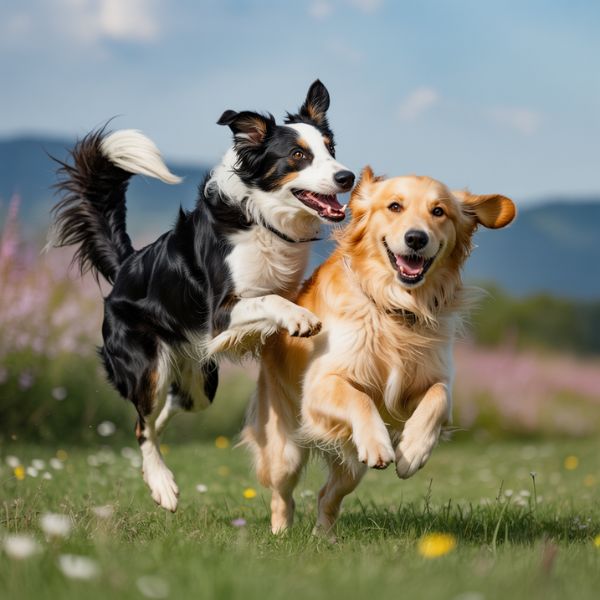 Deux chiens courant et jouant ensemble dans un champ fleuri, symbolisant la joie et la dépense d’énergie.