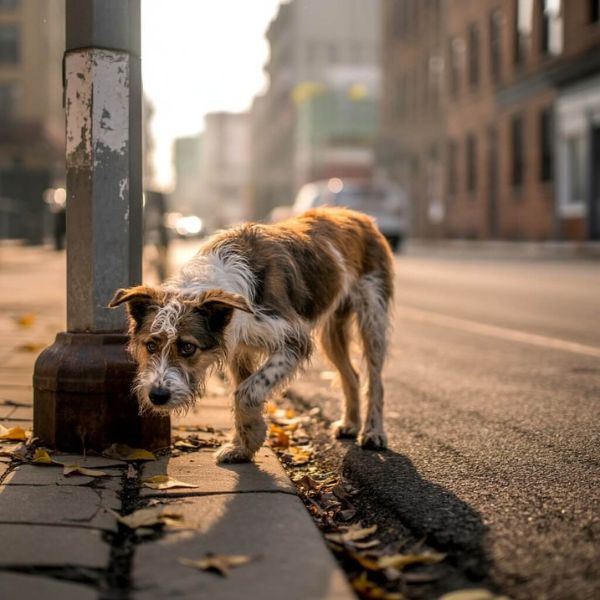 Chien en liberté marchant seul dans une rue de Luc-sur-Orbieu, illustrant les incidents qui ont conduit la mairie à interdire les chiens sans laisse.