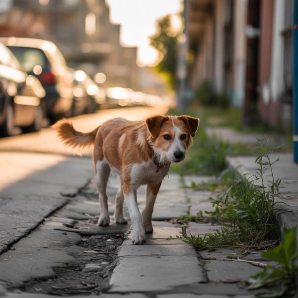Chien errant marchant seul dans une rue de Luc-sur-Orbieu, symbole des problèmes causés par les chiens en liberté avant la nouvelle réglementation municipale.