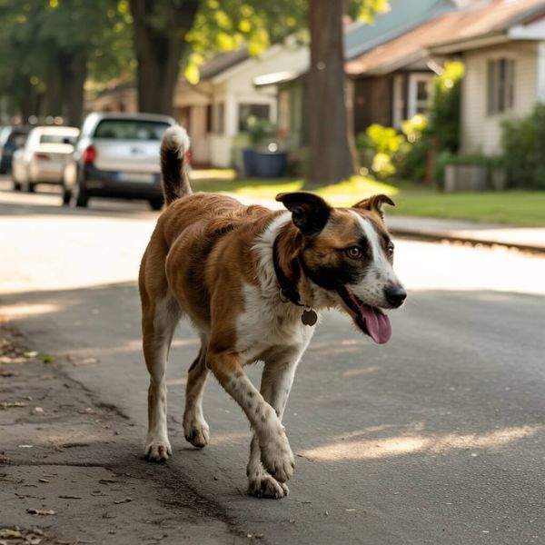 Chien en liberté marchant sur une route à Luc-sur-Orbieu, illustrant les risques liés aux chiens non tenus en laisse avant la décision de la mairie.