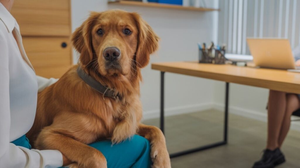 Montbéliard : un Golden Retriever pour apaiser les victimes mineures lors des auditions, une première judiciaire en Franche-Comté qui pourrait faire école Chien Golden Retriever assis dans une salle d’audition, illustration symbolique de l’accompagnement judiciaire des victimes mineures.