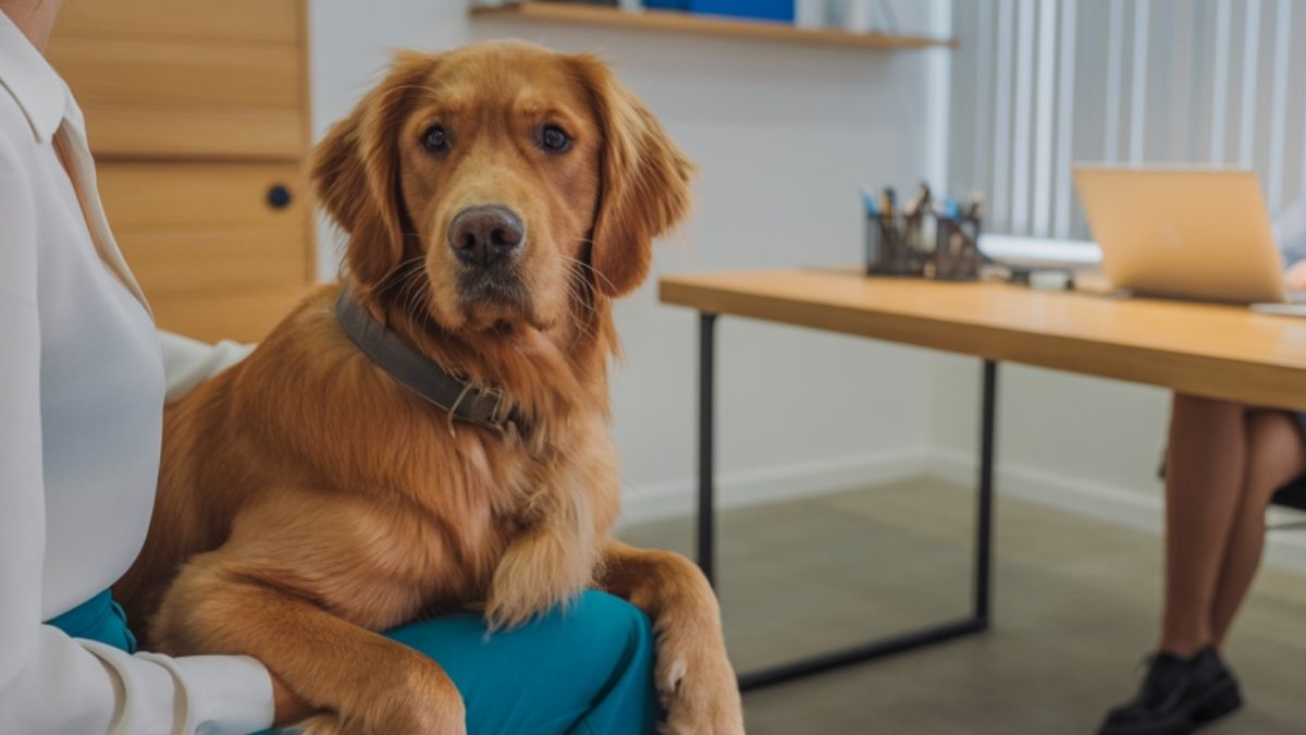 Pipi hors bac : le plan d’action qui fonctionne vraiment 3 Chien Golden Retriever assis dans une salle d’audition, illustration symbolique de l’accompagnement judiciaire des victimes mineures.