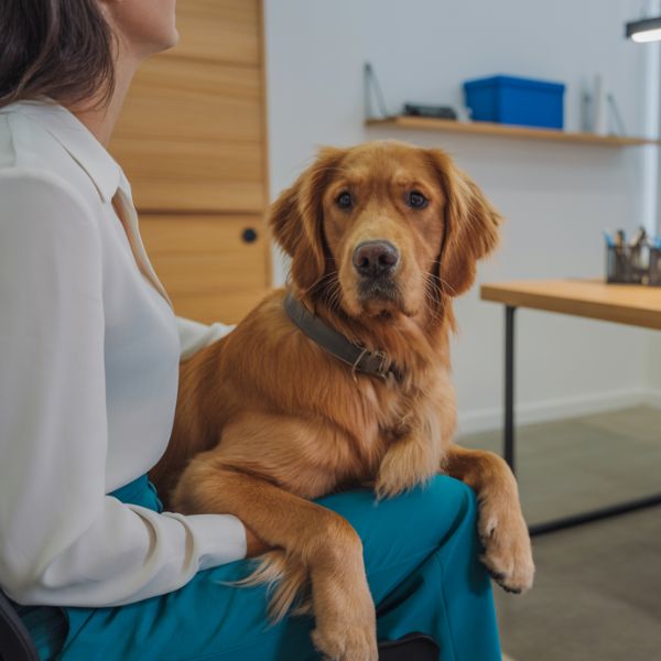 Montbéliard : un Golden Retriever pour apaiser les victimes mineures lors des auditions, une première judiciaire en Franche-Comté qui pourrait faire école 1 Chien Golden Retriever assis près d’un adulte en salle d’audition, illustrant le soutien émotionnel apporté aux victimes mineures dans le cadre judiciaire.