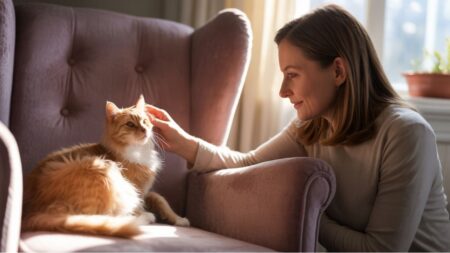 Femme assise sur un canapé caressant son chat, dans une atmosphère calme et lumineuse.