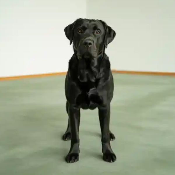 Chien d’assistance judiciaire noir debout, illustrant le calme et la bienveillance dans l’accompagnement des victimes.