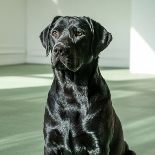 Chien d’assistance judiciaire noir assis calmement, symbole de sérénité et d’écoute bienveillante dans la justice.
