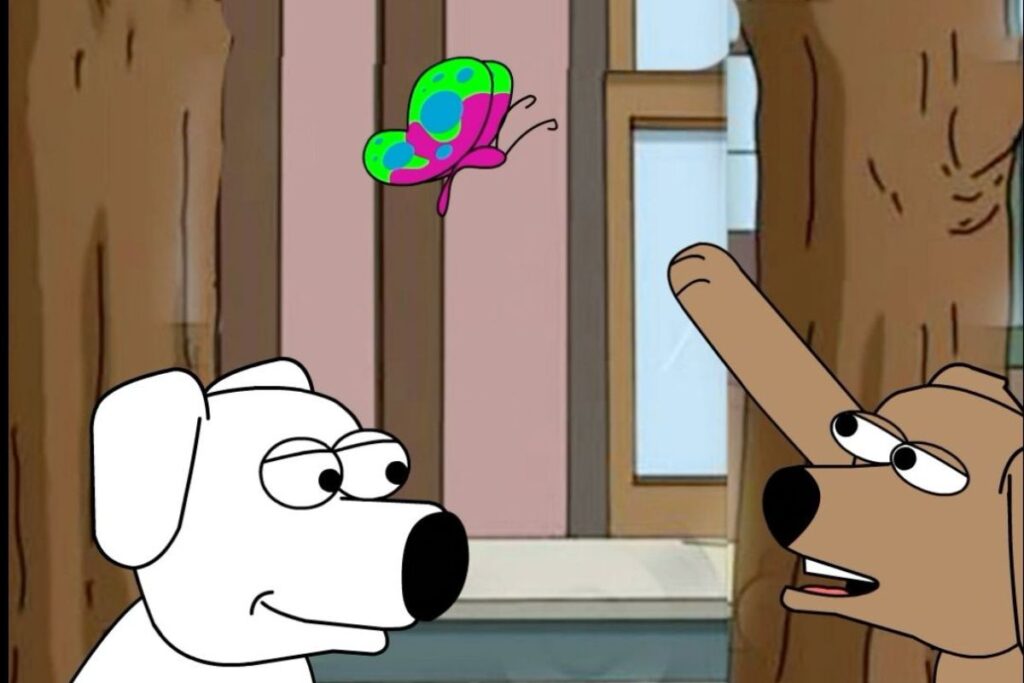 Deux chiens de dessin animé observent un papillon coloré qui vole devant eux, l’un levant la patte pour le montrer.