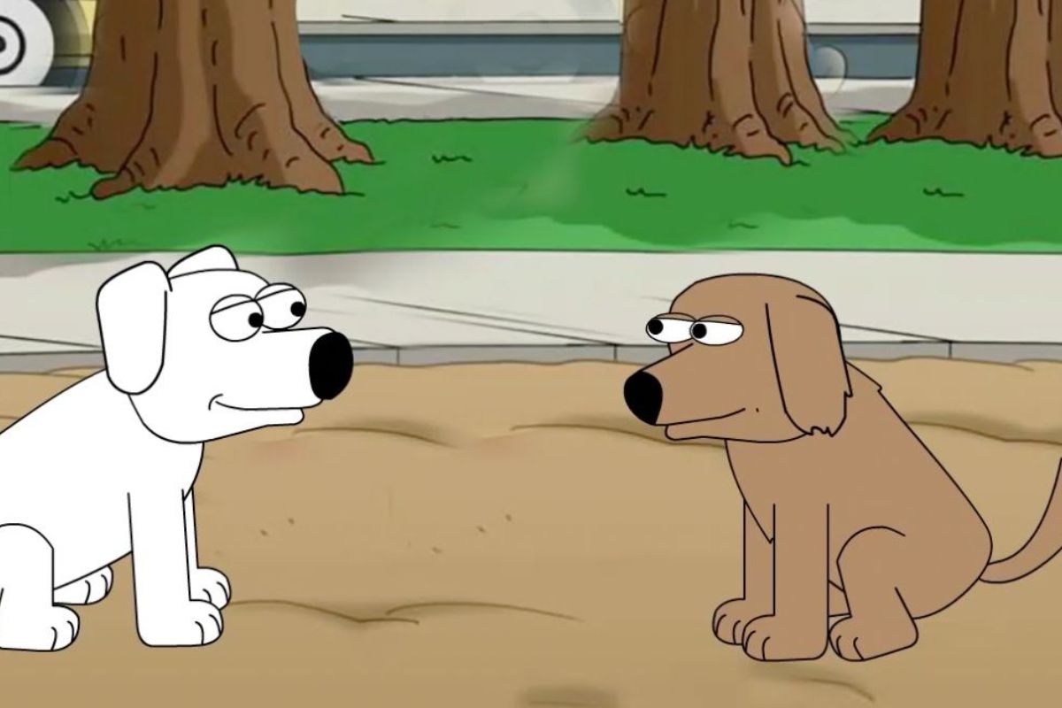 Deux chiens de dessin animé sont assis face à face sur un trottoir, devant des arbres. L’un est blanc et souriant, l’autre marron et sérieux.