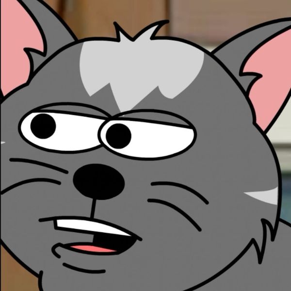 Gros plan d’un chat gris de dessin animé, avec des oreilles roses et une expression sérieuse.