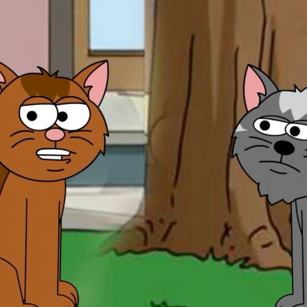 Deux chats de dessin animé sont assis devant un arbre : un chat roux à gauche et un chat gris à droite, tous deux avec une expression sérieuse.