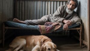 Homme sans abri allongé sur un banc avec son chien à ses côtés, symbole de fidélité et de survie dans la rue.