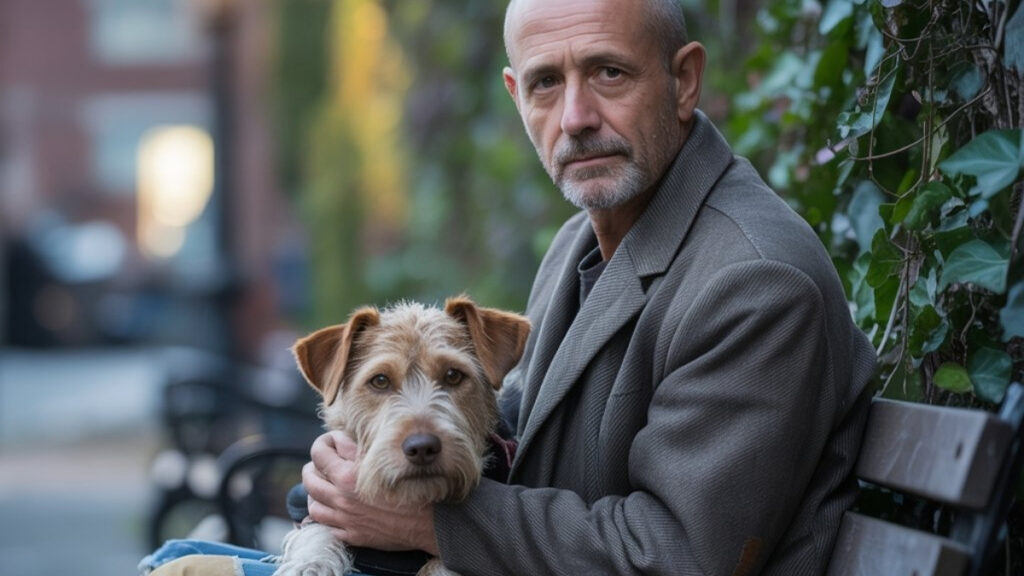 Un homme sans abri assis sur un banc tenant son chien dans ses bras, illustrant le lien fort entre les personnes sans domicile et leurs animaux.